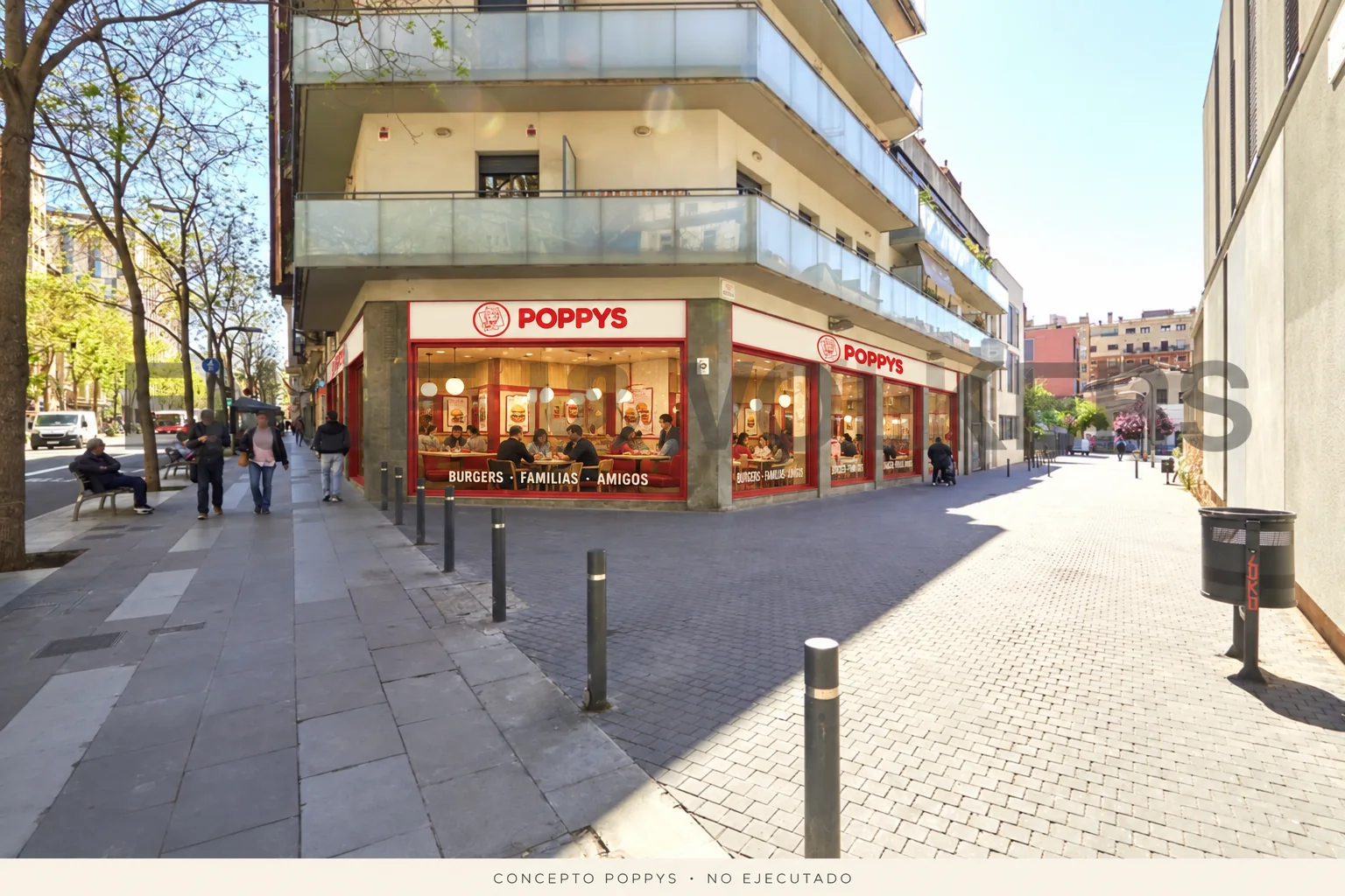 Concepto POPPYS sobre foto de una fachada en Barcelona