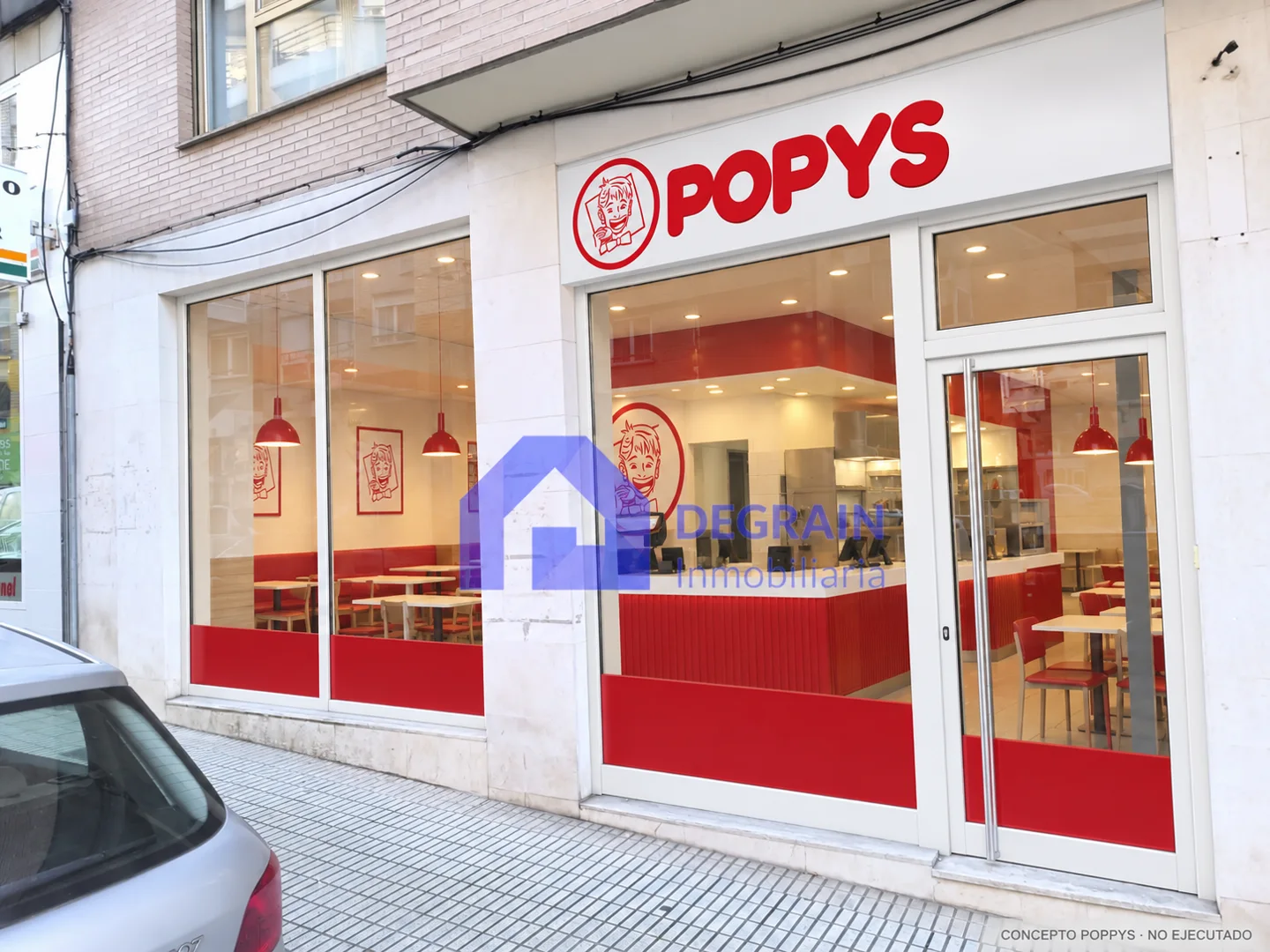 Concepto POPPYS sobre foto de una fachada en Gijón