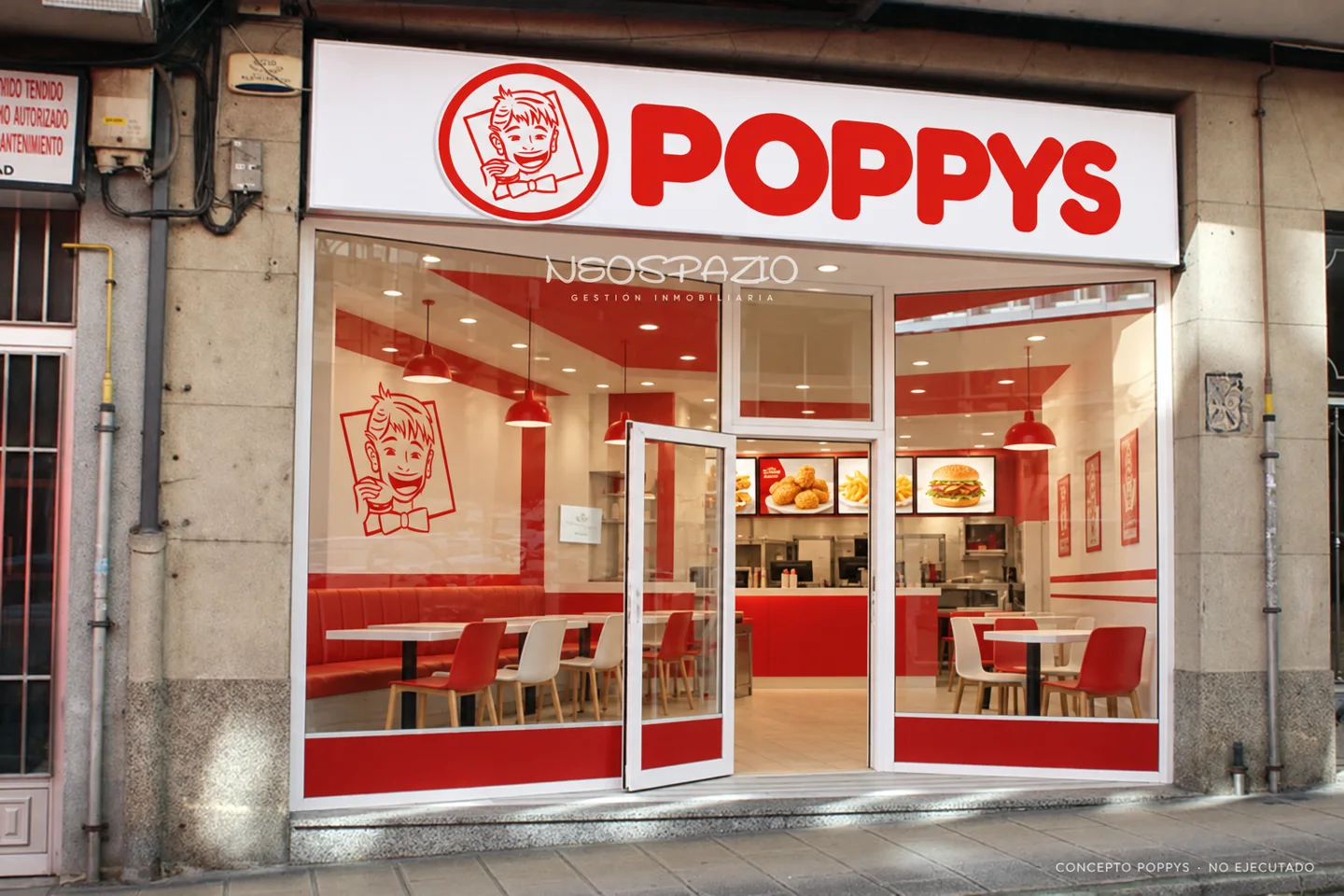 Concepto POPPYS sobre foto de una fachada en Lugo