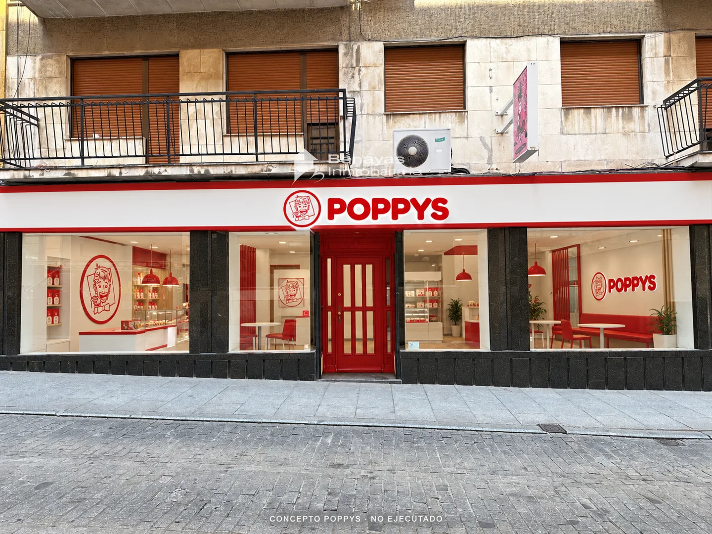 Concepto POPPYS sobre foto de una fachada en Salamanca