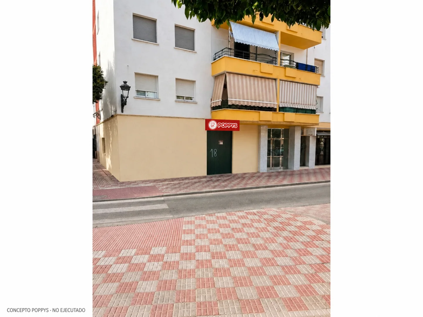 Concepto POPPYS sobre foto de una fachada en Estepona