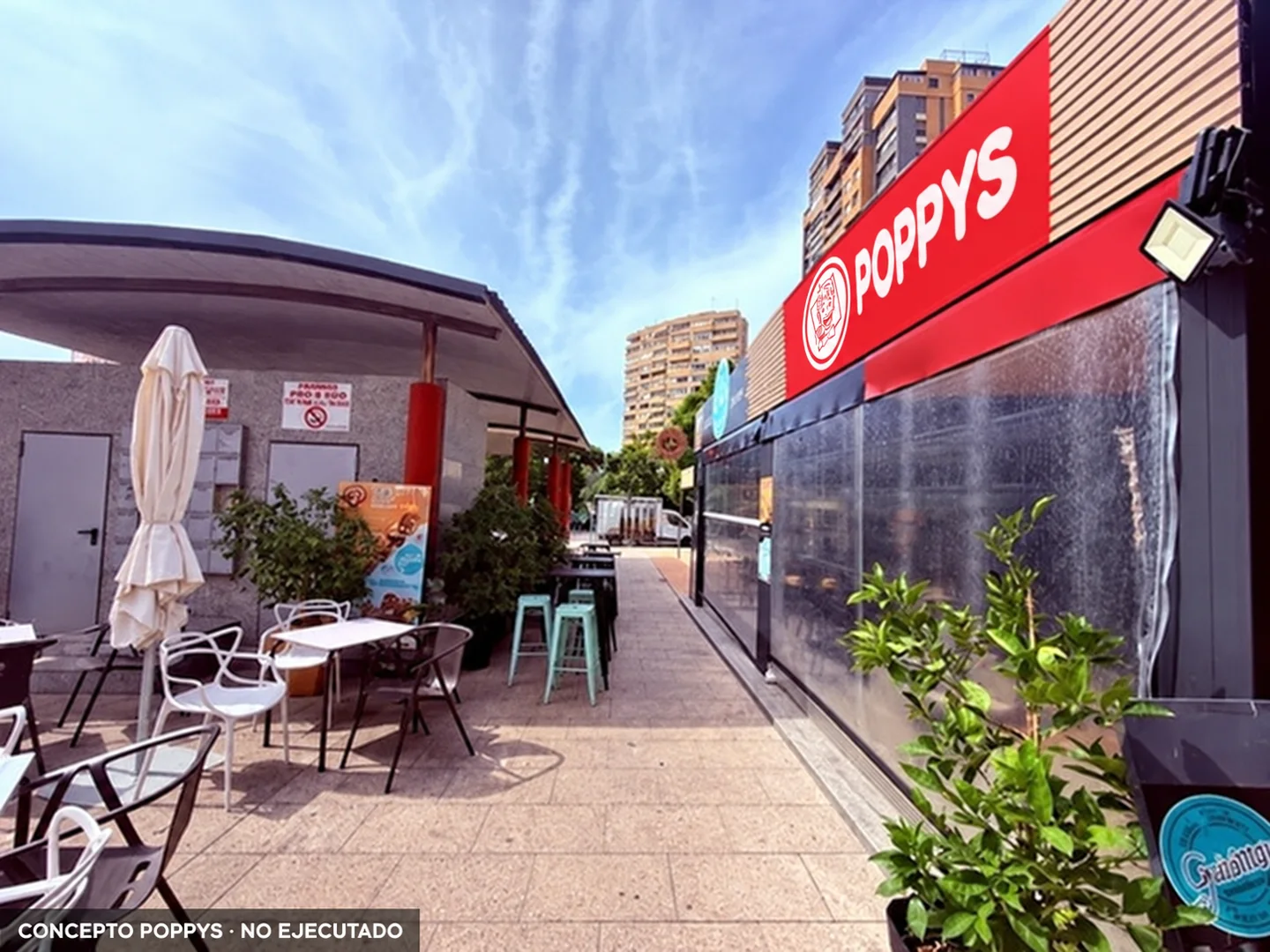 Concepto POPPYS sobre foto de una fachada en Benidorm